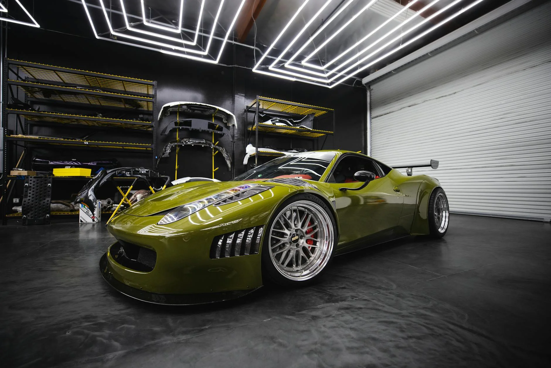 engine swap V8 into sports car tuning garage workshop