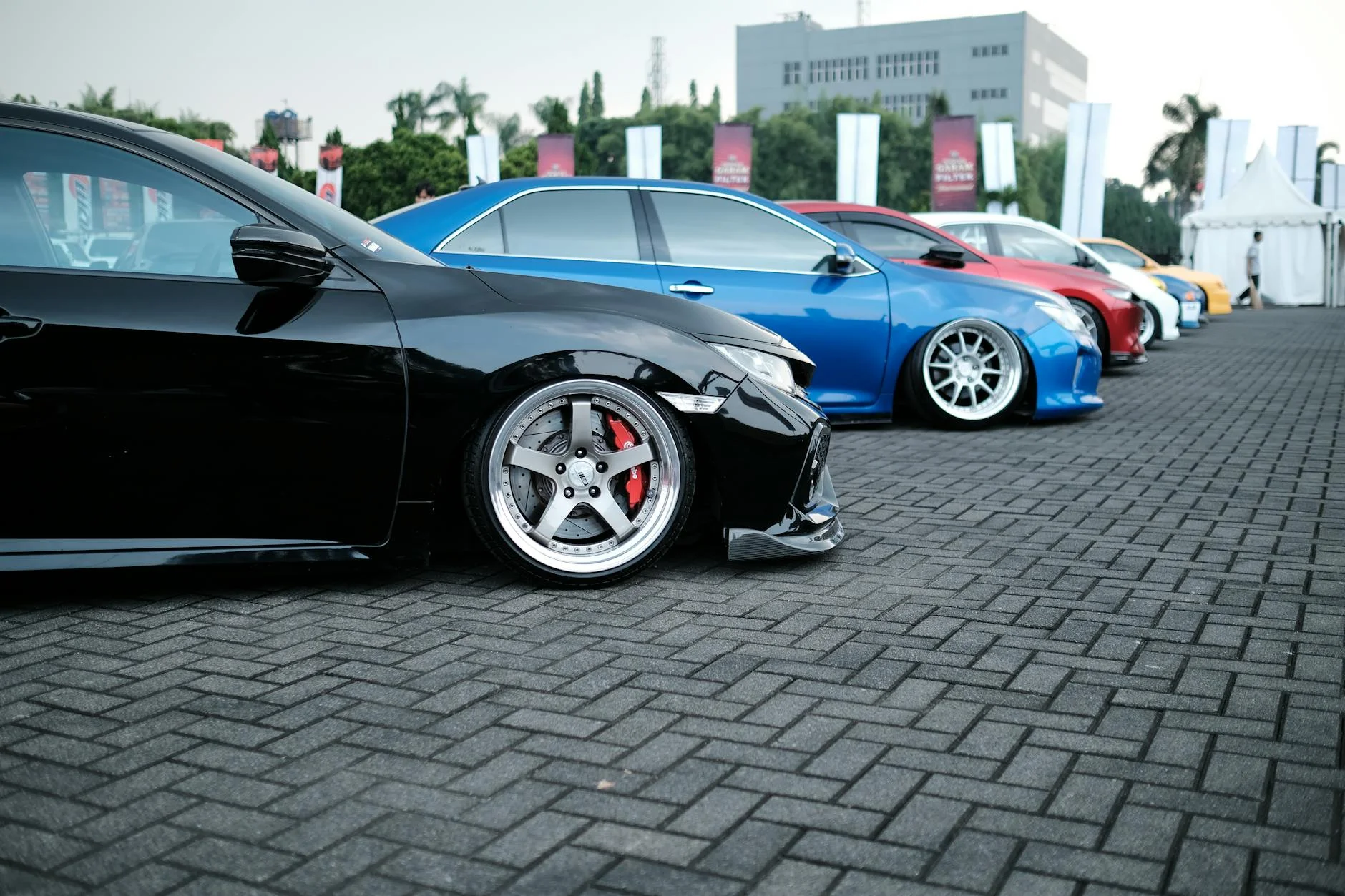 sports car lowered suspension camber wheels tuning stance close up