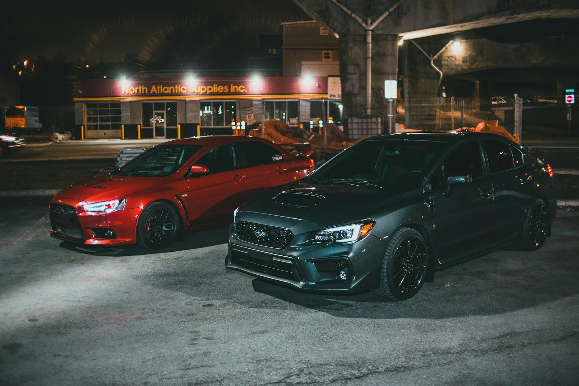 Mazda RX-7 Mitsubishi Eclipse tuned street racing night urban